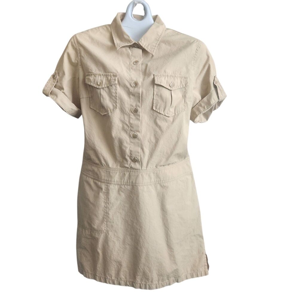 J Crew VTG Utility Shirt Dress-Tan-Side & Chest Pockets-Roll Tab Sleeves-Y2K-10